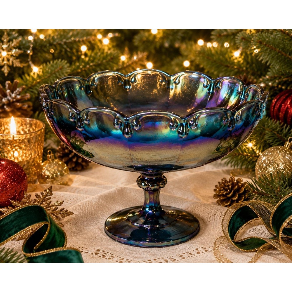 VTG Blue Carnival Glass Pedestal Bowl Iridescent Footed Compote Scalloped Rim